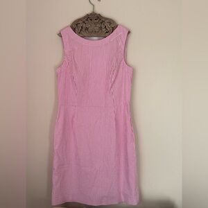 NWT Brooks Brothers Pink and White Striped Seersucker Sheathe Midi Dress